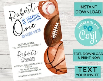 Sports Birthday Invitation, Baseball, Football, Basketball| Editable Instant Download | INSTANT ACCESS Edit Online NOW Corjl, Text Invite