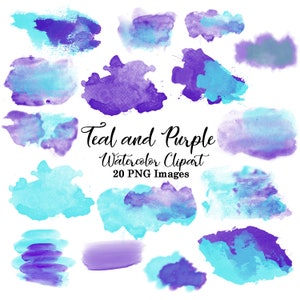 Aquarelle Clipart #5, Sarcelle et Purple Aquarelle Brush Clip Art, Splashes, Blobs, Splats, 20 éléments numériques PNG