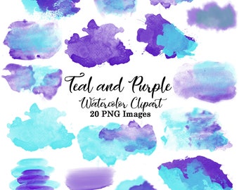 Watercolor Clipart #5, Teal and Purple Watercolor Brush Clip Art, Splashes, Blobs, Splats, 20 PNG digital elements