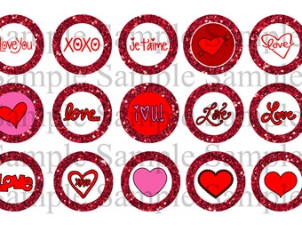 Glitter Valentine's Day Bottle Cap Image Sheet INSTANT DOWNLOAD , Love, Hearts, 1 Inch Bottle Caps Digital Collage No. 2