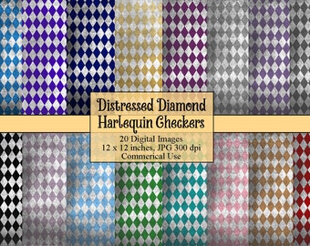 Harlequin Distressed Diamond Checkers Digital Paper, Printable Backgrounds for Scrapbooking and Graphic Design instant download, Commercial