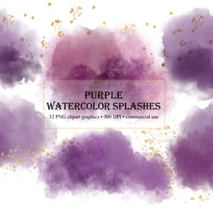 Purple Watercolor Splashes with Gold Paint Flecks, Instant Download, Watercolor Brush Strokes Splashes, PNG Digital Overlays Commercial Use