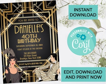 Art Deco Birthday Invitation | Digital INSTANT DOWNLOAD Editable, Any Age | Printable Birthday Invite Flapper Girl and Gangster