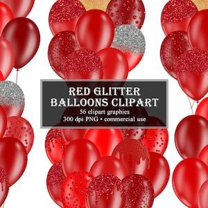 Red Glitter Balloons Clipart, Glitter Balloon PNG Digital Overlays, Glitter Sparkle Confetti, Instant Download for commercial use, PNG
