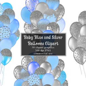 Baby Blue and Silver Balloons Clipart, Glitter Balloon PNG Digital Overlays, Glitter Sparkle Confetti, Instant Download commercial use