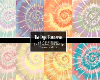 May include: A set of 22 digital tie dye patterns in various colors, including pink, blue, green, yellow, and orange. The patterns are 12 inches by 12 inches and 300 dpi.  "Tie Dye Patterns", "22 Digital Images", "12 x 12 inches, JPG 300 dpi", "Commercial Use" are written in black text on a black background.