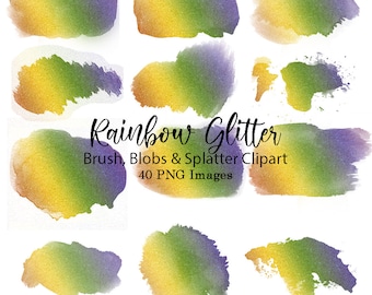 Rainbow Glitter Clipart #16, Aquarel Brush Clip Art, Splashes, Blobs, Splats, Brush Strokes 31 PNG digitale elementen, Glitter en Foil