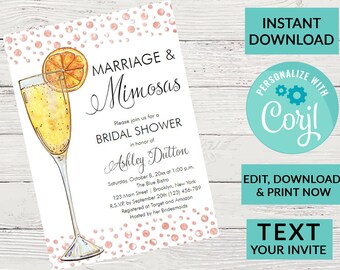 Brunch and Bubbly Mimosa Bridal Shower Invitation | Digital INSTANT DOWNLOAD Editable Invite | Wedding Shower Invitation