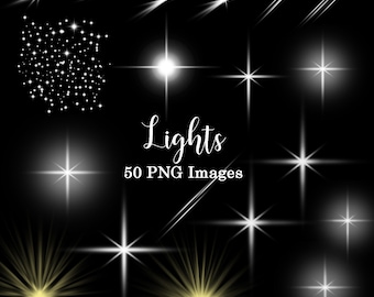 May include: A collection of 50 PNG images featuring various white and yellow light effects, including stars, streaks, and bursts. The text "Lights 50 PNG Images" is displayed in the center of the image.