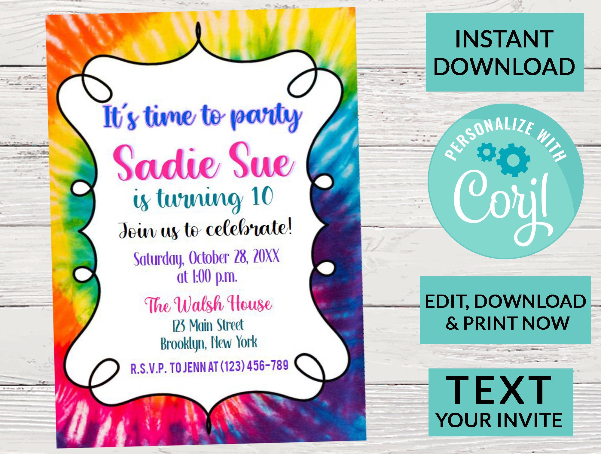 Tie Dye Birthday Invitation rainbow Tie Dye Invite Digital Etsy