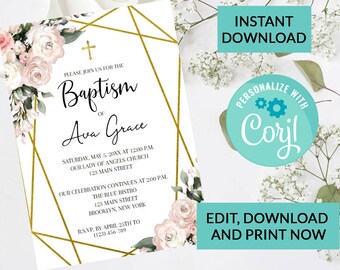 Doopsel uitnodiging Blozen roze bloemen | Religieuze uitnodigingen | Digitale INSTANT DOWNLOAD Bewerkbare uitnodiging | Doopuitnodiging #1