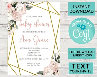 Baby Shower Blush Pink Floral | It's a Girl | Digital INSTANT DOWNLOAD Editable Invite | Printable Invitation | Flowers | #3