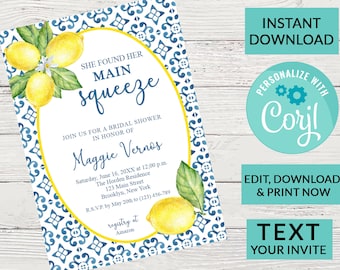 Lemon Main Squeeze Mediterranean Bridal Shower Invitation | Digital INSTANT DOWNLOAD Editable Invite | Wedding Shower Invitation