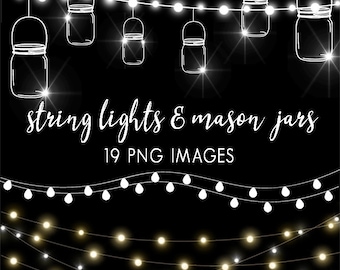 Mason Jars and String Lights Clipart, Fairy Lights Clip Art, Party Lights Clipart,  Mason Jars Clipart, Instant Download, 19 PNG Images