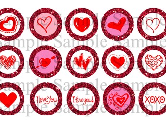 Glitter Valentine's Day Bottle Cap Image Sheet INSTANT DOWNLOAD , Love, Hearts, 1 Inch Bottle Caps Digital Collage No. 1