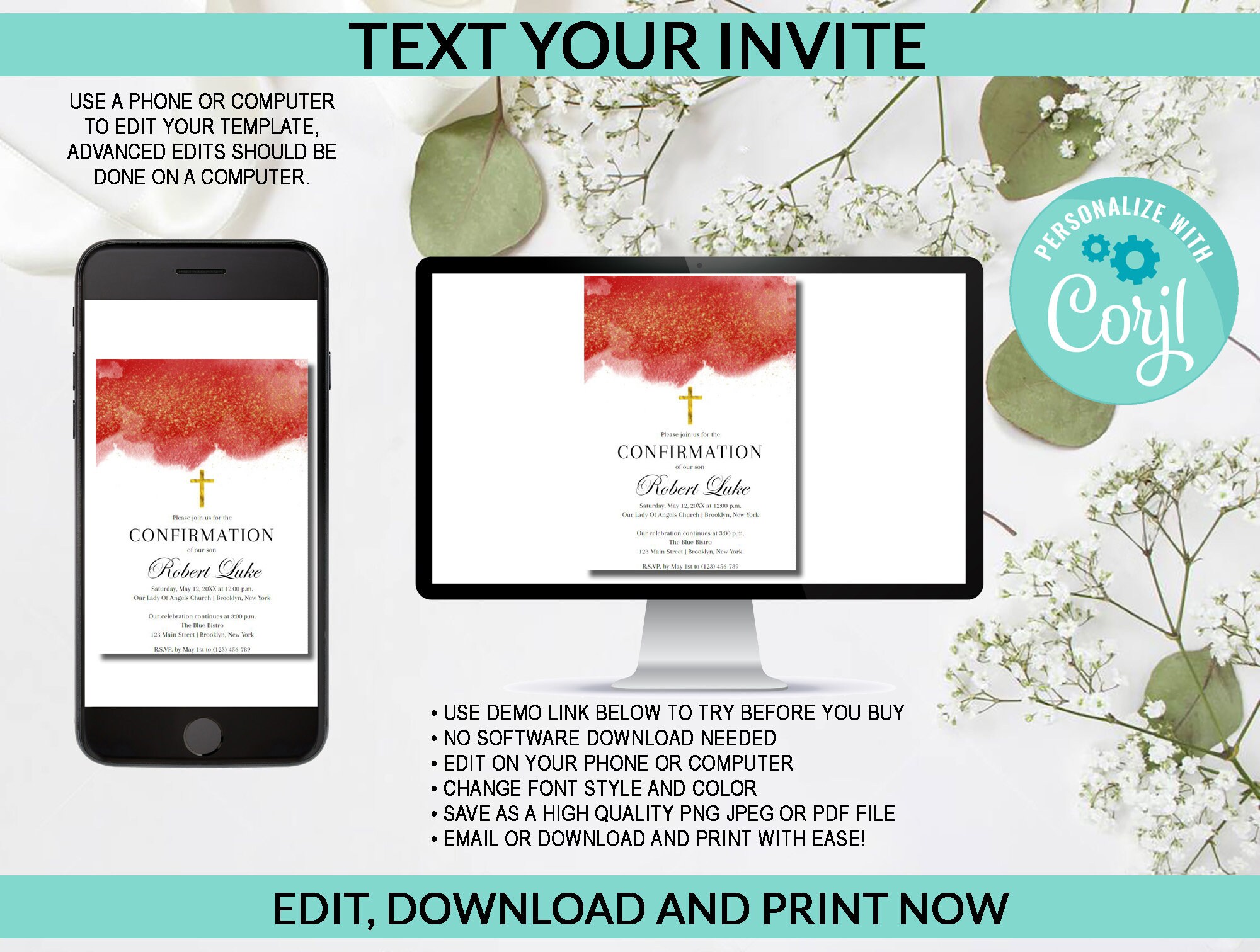 Confirmation Invitation Red Watercolor | Religious Invite | Digital ...