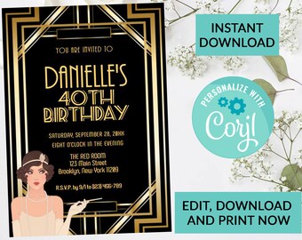 Art Deco Birthday Invitation | Digital INSTANT DOWNLOAD Editable Invite | Any Age | Printable Birthday Invite Flapper Girl