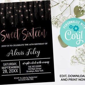 16th Birthday Invitation Sweet Sixteen Invitation #63 | Digital INSTANT DOWNLOAD Editable Invite | Black and Rose Gold Sparkle Glitter