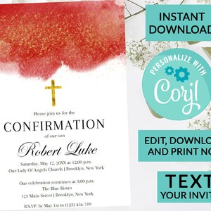 May include: Confirmation invitation with a watercolor red and gold design. Features a gold cross and the text "Confirmation of our son Robert Luke." Includes event details and the option to personalize with Corjl.