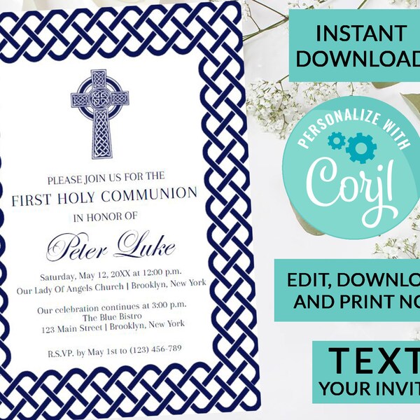 Celtic First Holy Communion Invitation |  Digital INSTANT DOWNLOAD Editable Invite | Religious Invites | Boy Communion | Modern Chic #31