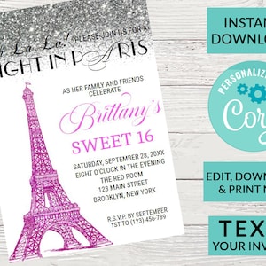 Paris Eiffel Tower Sweet 16 Invitation | Digital INSTANT DOWNLOAD Editable Invite | Silver Sparkle Glitter | Sweet 16 Party Invite