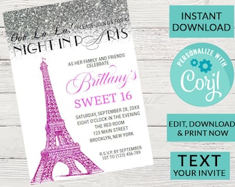 Paris Eiffelturm Sweet 16 Einladung | Digitaler INSTANT DOWNLOAD Bearbeitbare Einladung | Silber Sparkle Glitzer | Süße 16 Party Invite