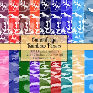 Camouflage Digital Paper, 100 Rainbow Colors, Camo Paper Background, Digital Pattern, Bright Pastel Printable Scrapbook Papers