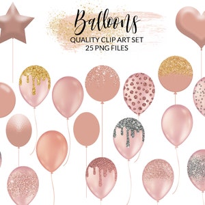 Rose Gold Balloons Clipart, Glitter Balloons Clip Art, Foil Balloon PNG, Pastel Balloons, Party Baby Shower Clipart, Free Commercial