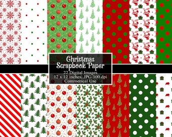 Christmas Scrapbook Paper Paper, Seamless Patterns, Red and Green, INSTANT DOWNLOAD, Polka Dots Stripes Printable Scrapbooking Backgrounds