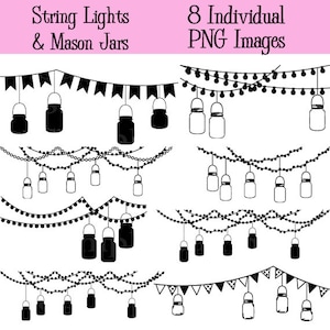 May include: Eight black and white illustrations of string lights with mason jars. The illustrations are for a digital download and can be used for crafts, scrapbooking, and other creative projects.