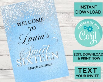 Light Blue Foil Glitter Sparkle Sweet 16 Welcome Sign | Digital INSTANT DOWNLOAD Editable Banner Sign| Custom Personalized