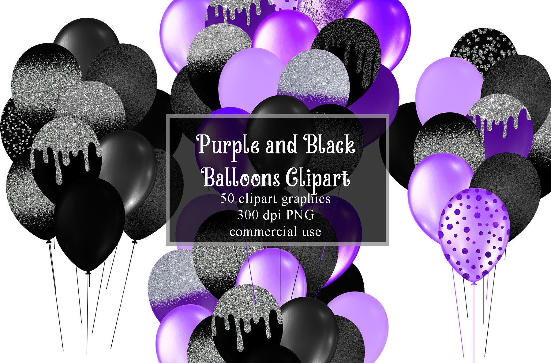 Purple and Black Balloon Clipart Glitter Balloons Clip Art Etsy
