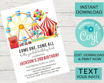 Carnival Ticket Birthday Invitation, Circus Party, Circus invitation | Editable Instant Download | INSTANT ACCESS Edit Online NOW Corjl