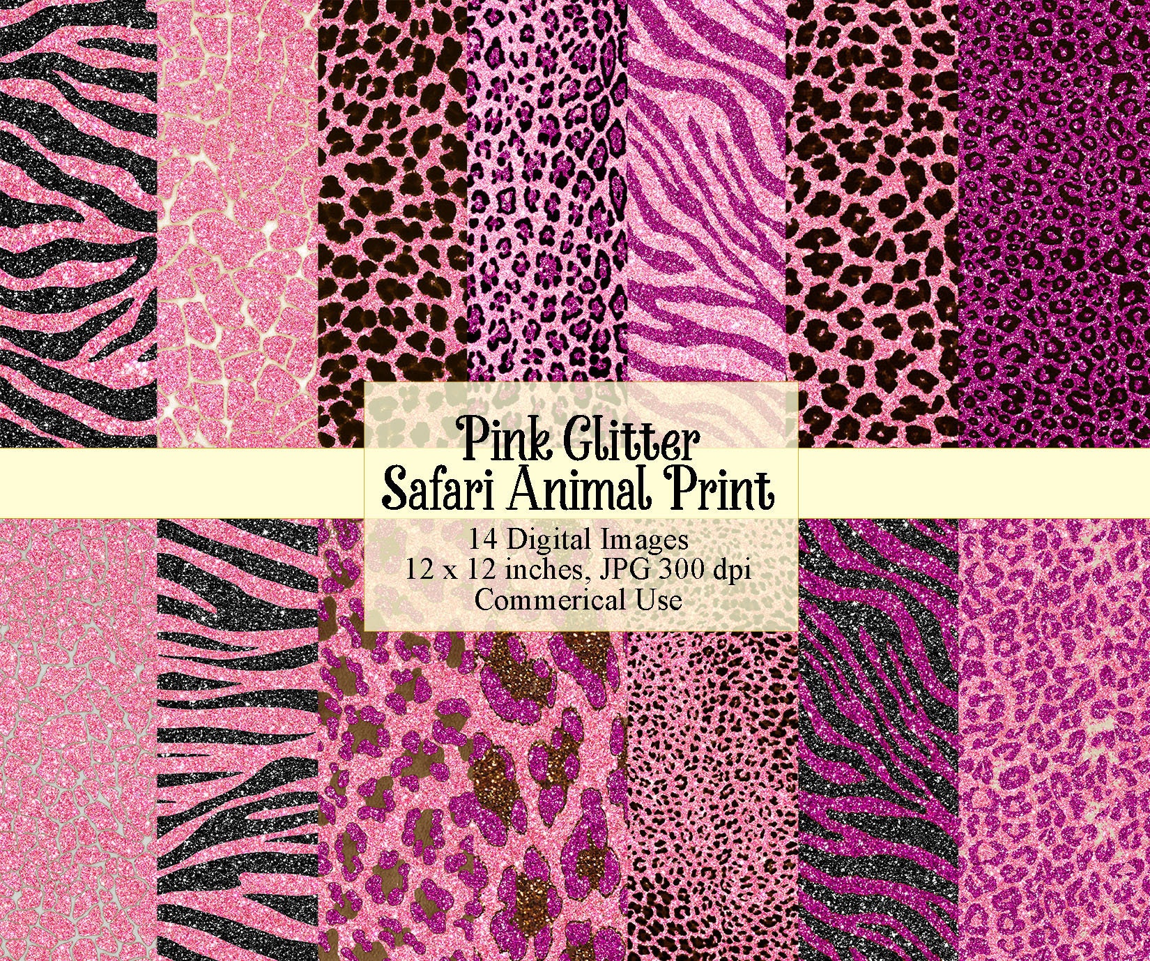 Pink Glitter Safari Animal Print Digital Paper, Printable Backgrounds ...