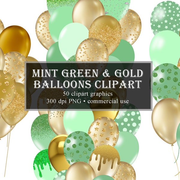 Mint Glitter Balloons Clipart, Pastel Green and Gold Glitter Sparkle Confetti PNG Digital Overlays Instant Download Commercial Use