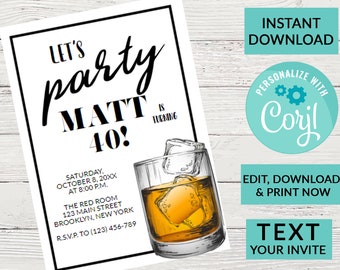 Whiskey Adult Birthday Invitation | Surprise Birthday Invite | Woman or Man Party | Digital INSTANT DOWNLOAD, Printable Invite, Text Invite