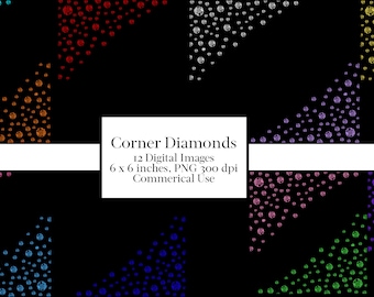 May include: Twelve digital images of corner diamond designs in various colors, including blue, green, red, orange, purple, pink, and silver. Each image is 6 inches by 6 inches and 300 dpi. The images are for commercial use.