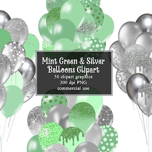 May include: A digital clipart set of 50 mint green and silver balloons with various patterns, including glitter, polka dots, and confetti. The balloons are 300 dpi PNG files for commercial use.