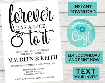 Engagement Party Invitation Printable, Editable Invitation Template, Forever Has A Nice Ring To It, Download, Wedding, Text Invitation