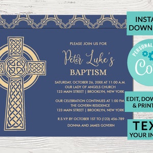 Celtic Cross Gold Baptism Invitation for Boys,  Christening Invite, Digital INSTANT DOWNLOAD Editable, Religious Invites, Printable Invite