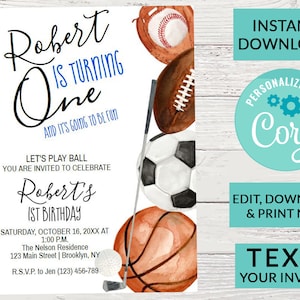 Sports Birthday Invitation, Baseball, Football, Soccer, Golf | Editable Instant Download | INSTANT ACCESS Edit Online NOW Corjl, Text Invite