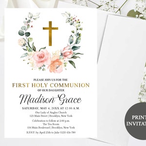 First Holy Communion Invitation #16 | Printed Invitations | Blush Pink Flowers | Religious Invites | Girl Communion | Printed Invitation