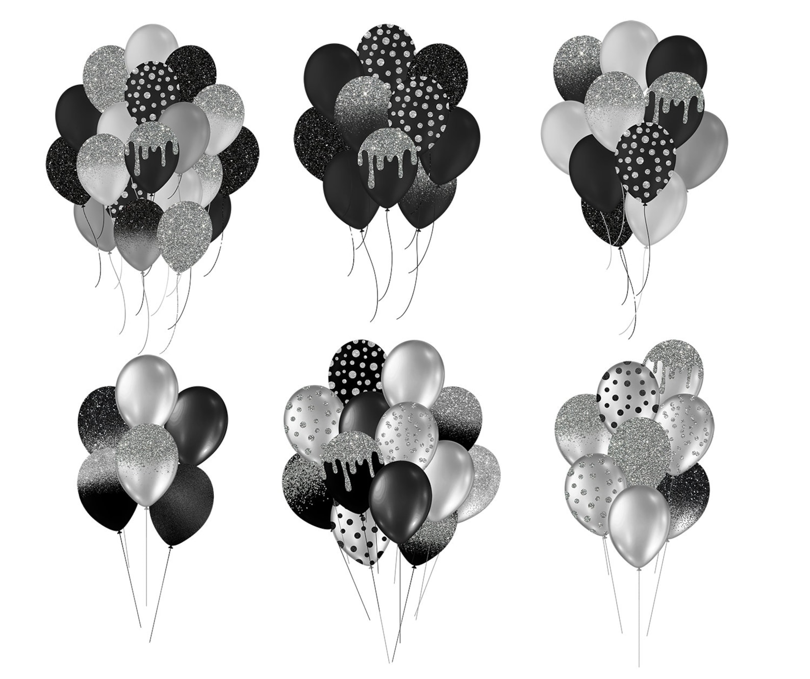 Black and Silver Balloons Clipart Glitter Balloon PNG Digital Etsy