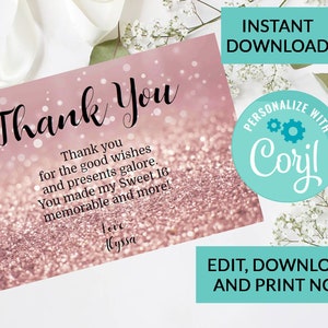Rose Gold Sweet 16 Thank You #5 | Digitaler INSTANT DOWNLOAD Bearbeitbare Dankeskarte | Rose Gold Sparkle Glitzer | Süße 16 Party