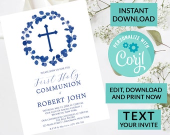 Blue Leaf Boys Cross First Holy Communion Invitation | Digital INSTANT DOWNLOAD Editable | Religious Invites