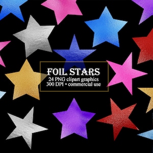 Foil Star Clipart, Stars clip art, zilver, goud, roze, paars, blauw, Scrapbooking Versieringen, 25 PNG Afbeeldingen, Commercieel Gebruik