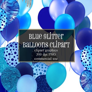 Blue Glitter Balloons Clipart, glitter balloon png digital overlays with glitter confetti for parties instant download commercial use