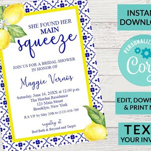 Lemon Main Squeeze Mediterranean Bridal Shower Invitation | Digital INSTANT DOWNLOAD Editable Invite | Wedding Shower Invitation