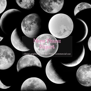 Clipart de fases da lua, ilustração gráfica de clipart de lua em aquarela em formato PNG, espaço sideral, galáxia, download instantâneo para uso comercial
