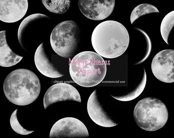 Moon Phases Clipart, Watercolor Moon Clip Art Graphics Illustration in PNG format, Outer Space, Galaxy, Instant Download Commercial Use